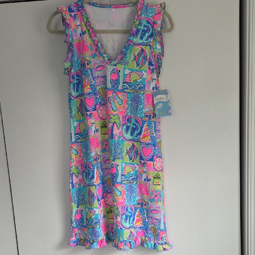 Lulu-B Tropical Print Dress with Pink and Blue Accents